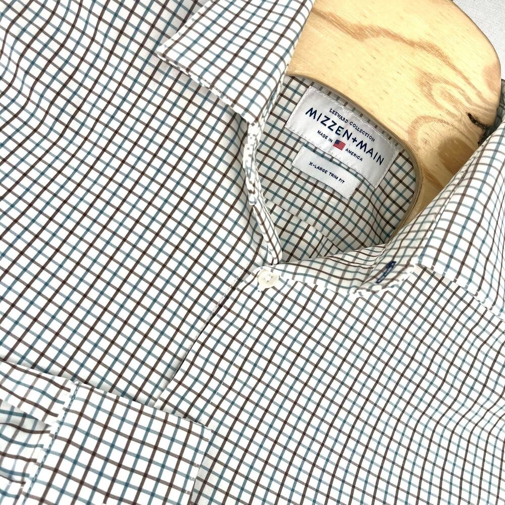 Mizzen Main Shirt Mens XL White Brown Blue Check Performance Trim Fit Button Up